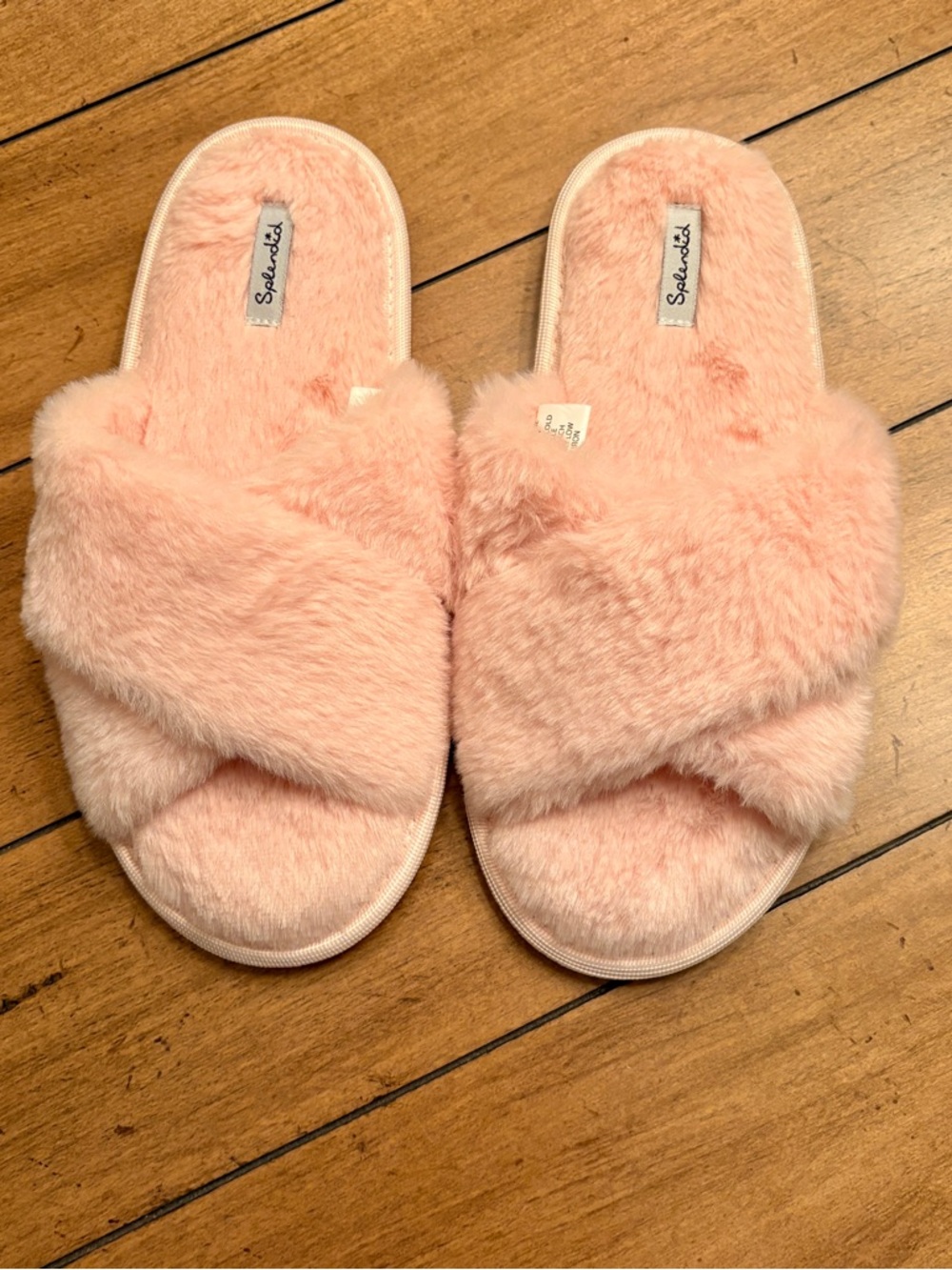 NWT Splendid Pink Faux Fur Criss Cross Slide Slippers in Pink Blush, Size S/M